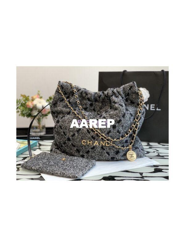 Replica Chanel 22 Handbag Wool Tweed & Gold Metal AS3261 Black and ecru