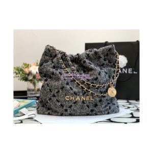 Replica Chanel 22 Handbag Wool Tweed & Gold Metal AS3261 Black and ecru 2