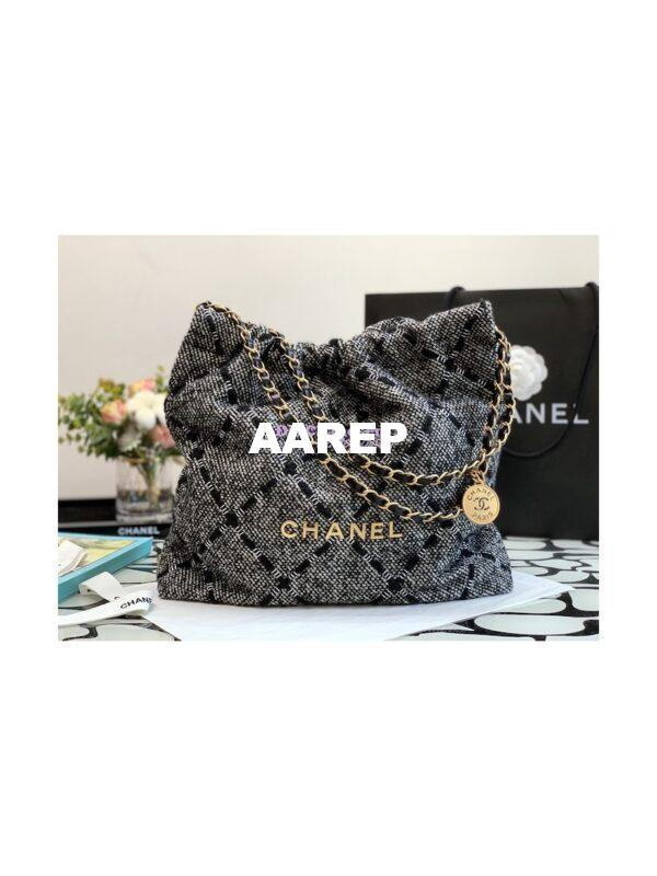 Replica Chanel 22 Handbag Wool Tweed & Gold Metal AS3261 Black and ecru 2