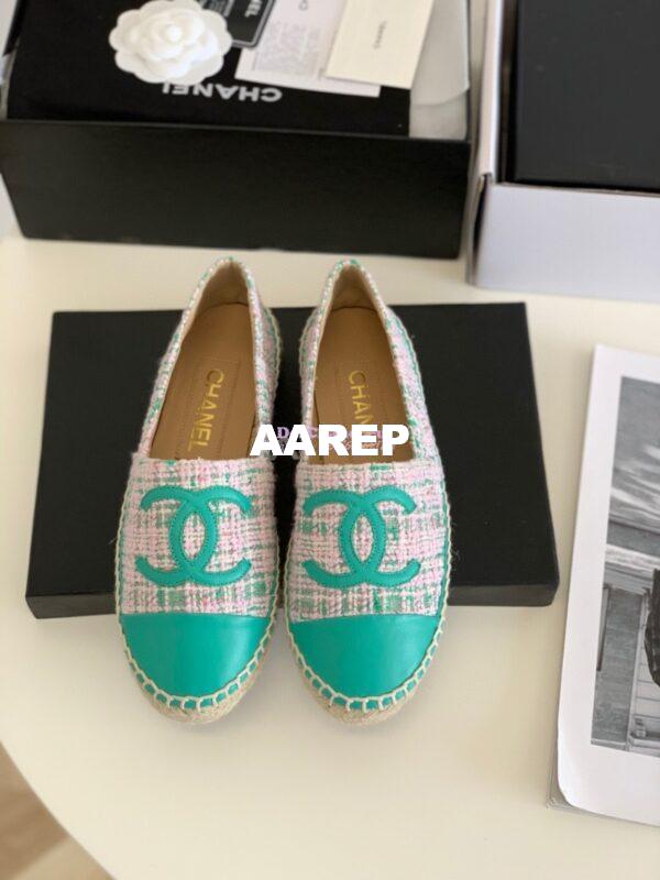 Replica Chanel Tweed and Lambskin Green Pink Espadrilles G29762 3