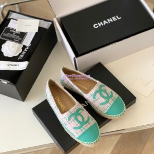 Replica Chanel Tweed and Lambskin Green Pink Espadrilles G29762 2