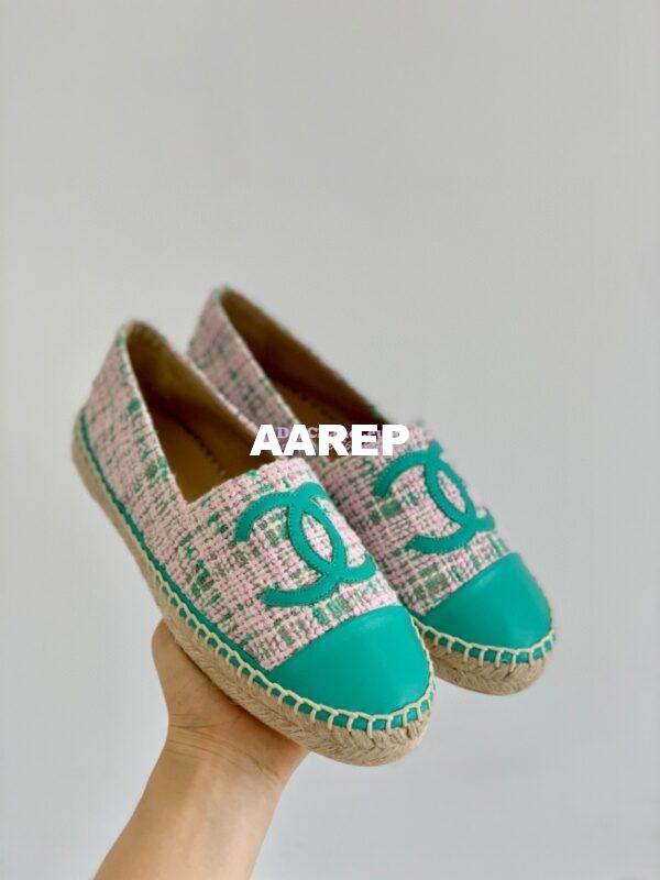 Replica Chanel Tweed and Lambskin Green Pink Espadrilles G29762 6