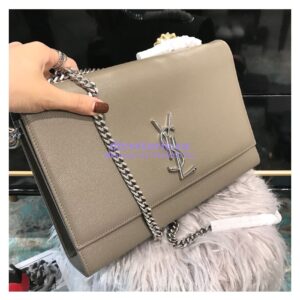 Replica YSL Saint Laurent Large Kate Chain Bag In Grey Grain De Poudre Textured Leather Silver Hardware 2