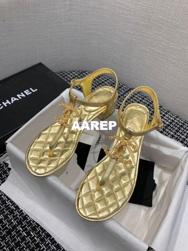 Replica Chanel CC Pearl Thong Sandals Goatskin 36402 Metallic gold 3