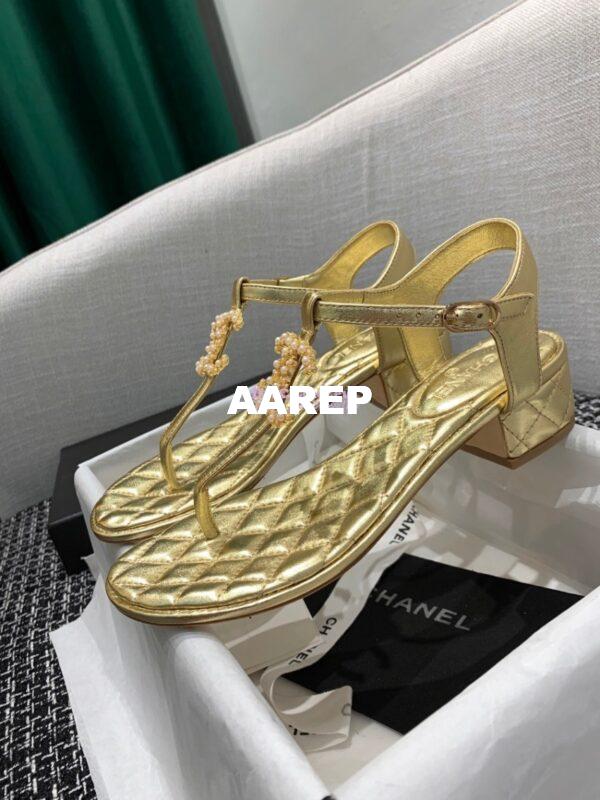 Replica Chanel CC Pearl Thong Sandals Goatskin 36402 Metallic gold 4