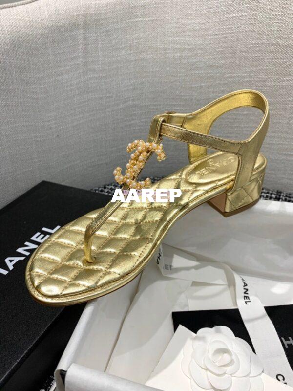 Replica Chanel CC Pearl Thong Sandals Goatskin 36402 Metallic gold 5