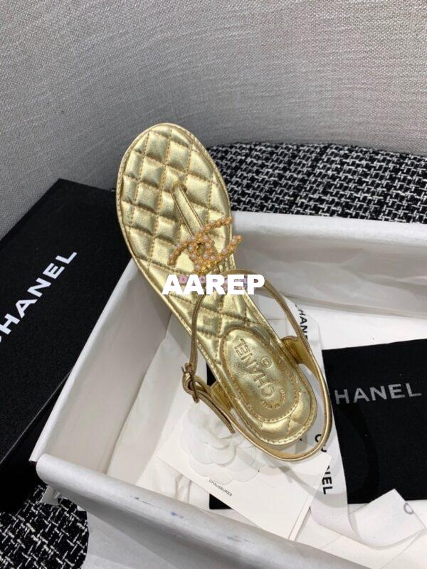Replica Chanel CC Pearl Thong Sandals Goatskin 36402 Metallic gold 6