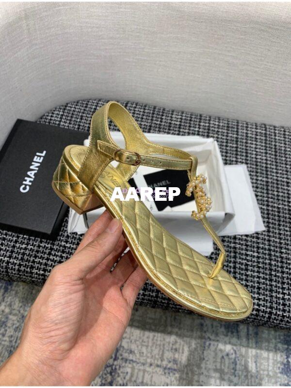 Replica Chanel CC Pearl Thong Sandals Goatskin 36402 Metallic gold 8