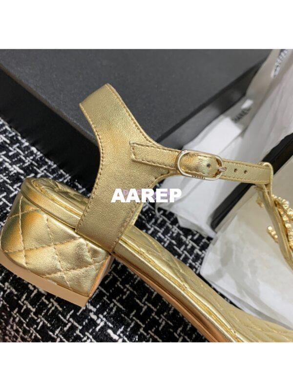 Replica Chanel CC Pearl Thong Sandals Goatskin 36402 Metallic gold 10