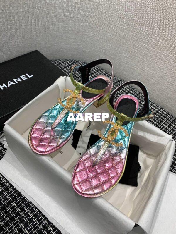 Replica Chanel CC Pearl Thong Sandals Goatskin 36402 Iridescent Rainbow 3