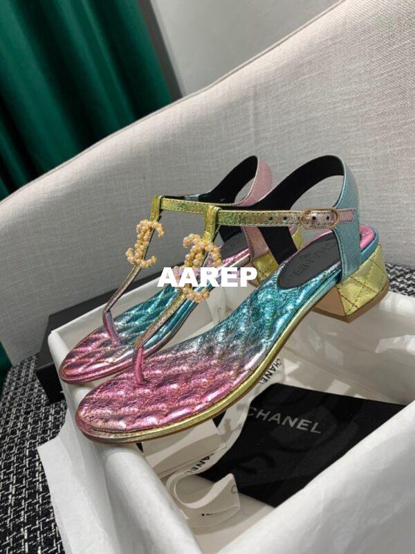 Replica Chanel CC Pearl Thong Sandals Goatskin 36402 Iridescent Rainbow 4