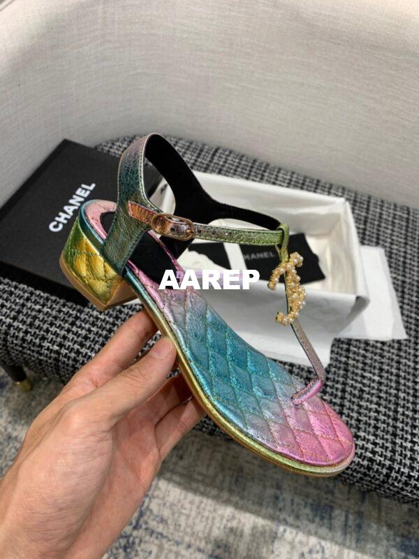 Replica Chanel CC Pearl Thong Sandals Goatskin 36402 Iridescent Rainbow 5
