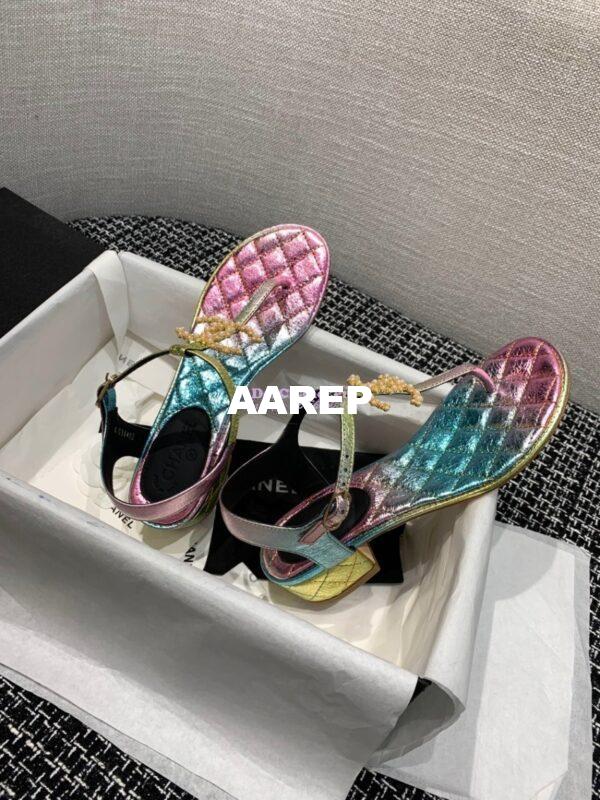 Replica Chanel CC Pearl Thong Sandals Goatskin 36402 Iridescent Rainbow 10