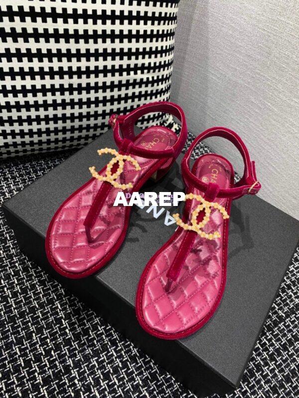 Replica Chanel CC Pearl Thong Sandals Goatskin 36402 Rose 3