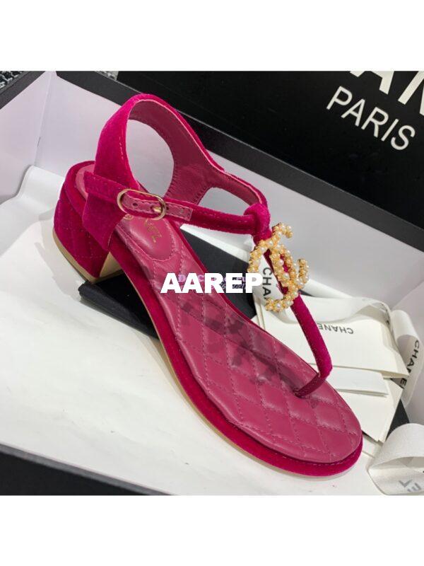 Replica Chanel CC Pearl Thong Sandals Goatskin 36402 Rose 4