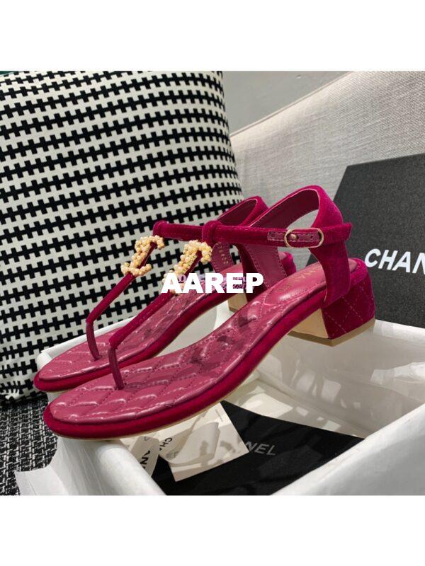 Replica Chanel CC Pearl Thong Sandals Goatskin 36402 Rose 5