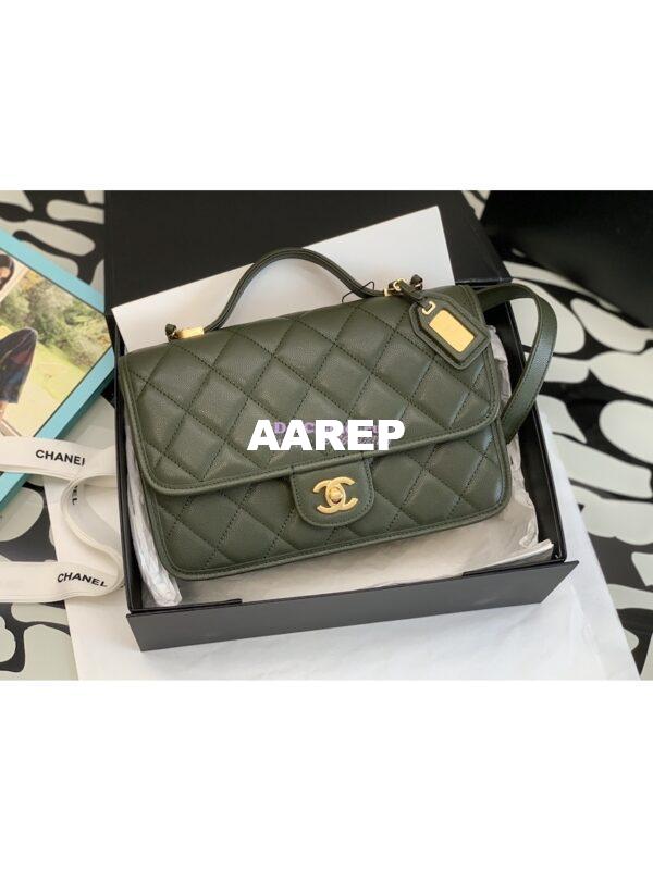 Replica Chanel Small Flap Bag With Top Handle Grained Calfskin AS3653 Khaki 3