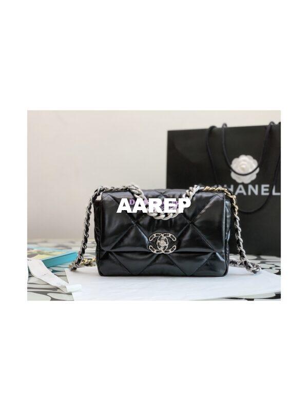 Replica Chanel 19 Small Flap Bag AS1160 Glossy Calfskin Black Silver