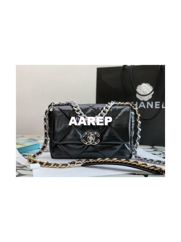 Replica Chanel 19 Small Flap Bag AS1160 Glossy Calfskin Black Silver 2