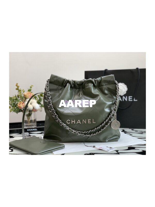 Replica Chanel 22 Handbag Shiny Calfskin & Silver Metal AS3260 AS3261 Khaki 4