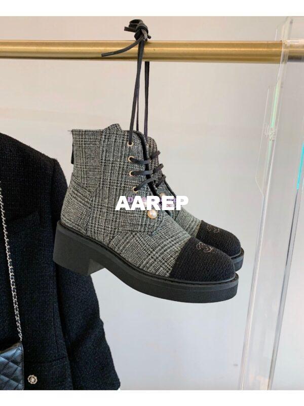 Replica Chanel Tweed Pearls Ankle Boots G36141 Green 3