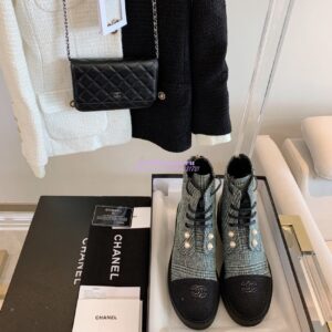 Replica Chanel Tweed Pearls Ankle Boots G36141 Green 2