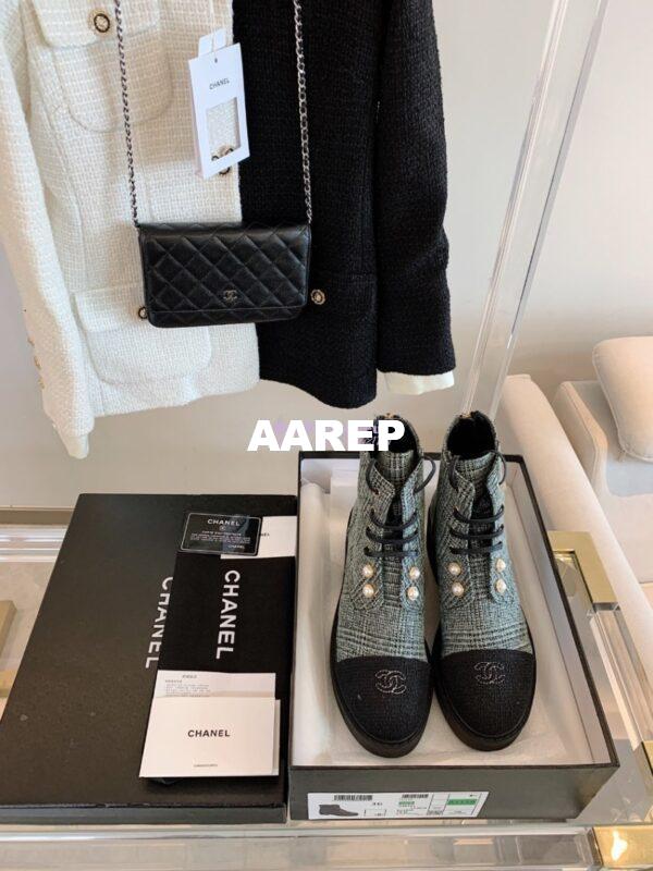 Replica Chanel Tweed Pearls Ankle Boots G36141 Green 4