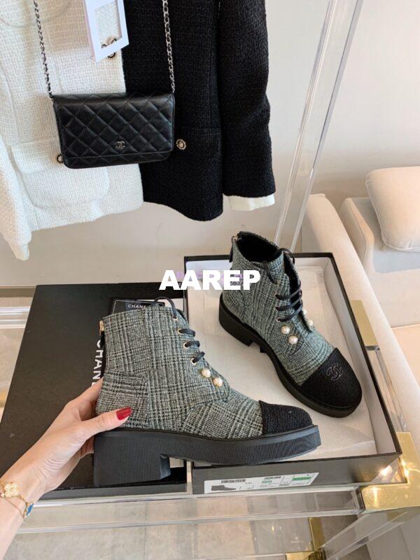 Replica Chanel Tweed Pearls Ankle Boots G36141 Green 5