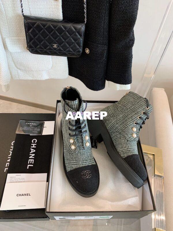 Replica Chanel Tweed Pearls Ankle Boots G36141 Green 6