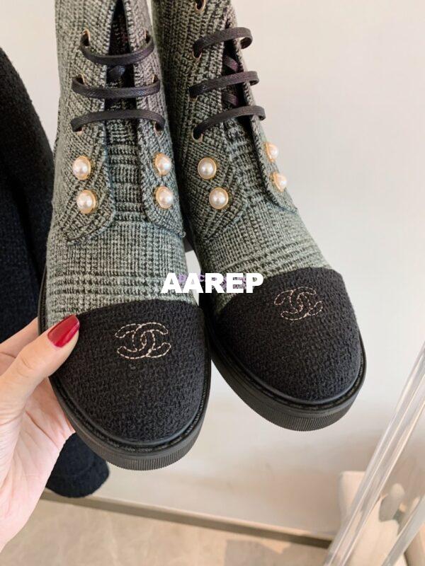 Replica Chanel Tweed Pearls Ankle Boots G36141 Green 7