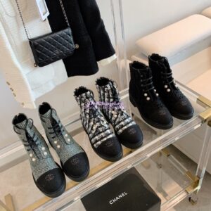 Replica Chanel Tweed Pearls Ankle Boots G36141 Black