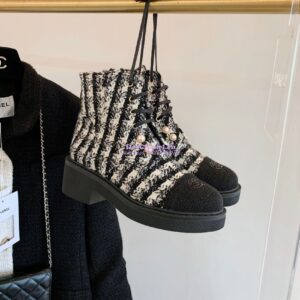 Replica Chanel Tweed Pearls Ankle Boots G36141 White Black