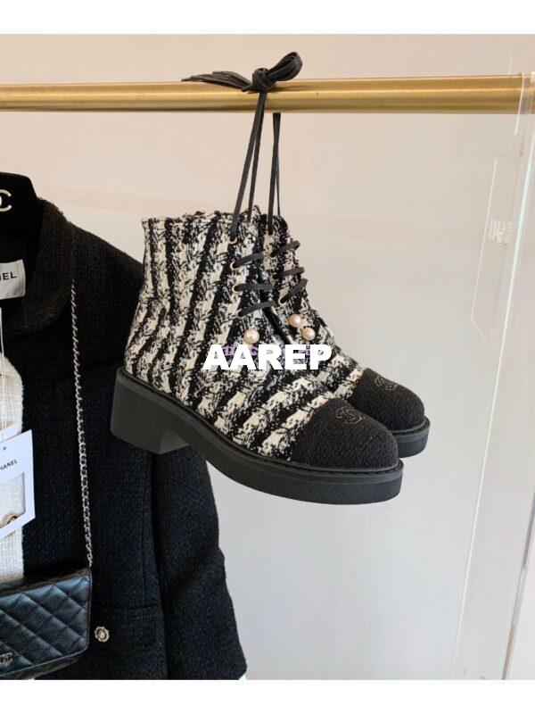 Replica Chanel Tweed Pearls Ankle Boots G36141 White Black