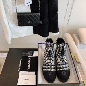 Replica Chanel Tweed Pearls Ankle Boots G36141 White Black 2