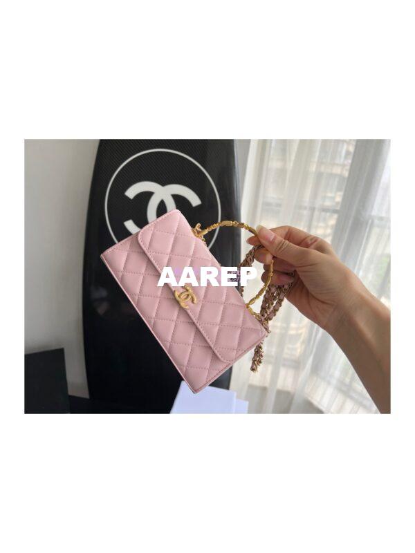 Replica Chanel Flap Phone Holder With Chain in Lambskin with Enamel Handle AP2946 Light Pink 5