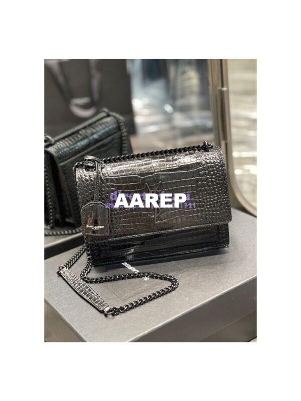 Replica YSL Saint Laurent Medium Sunset Monogram Black crocodile embossed bag Black Hardware 3
