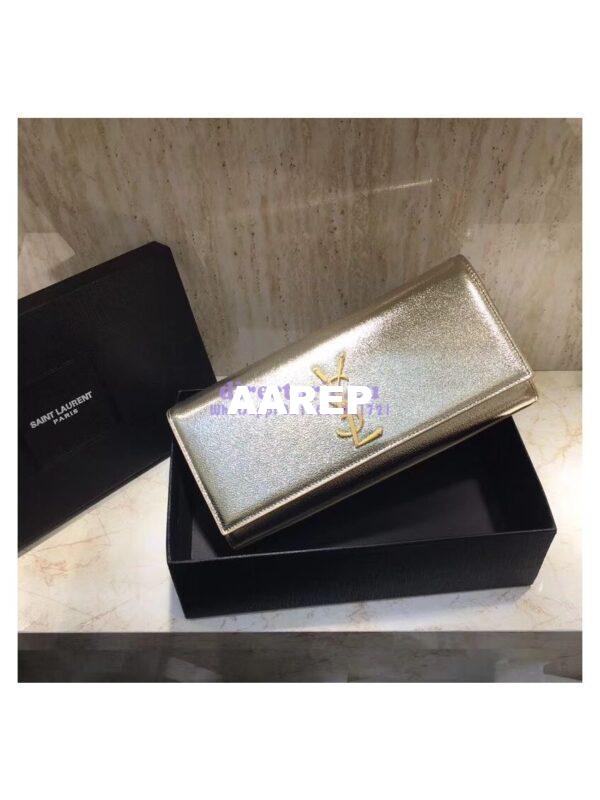 Replica YSL Saint Laurent Classic Monogram Clutch In Grain Metallic Leather Pale Gold 3