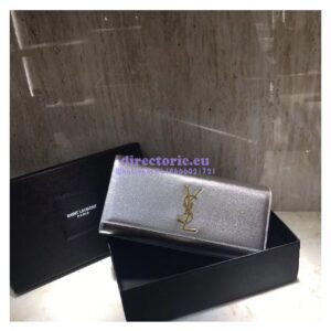Replica YSL Saint Laurent Classic Monogram Clutch In Grain Metallic Leather Silver