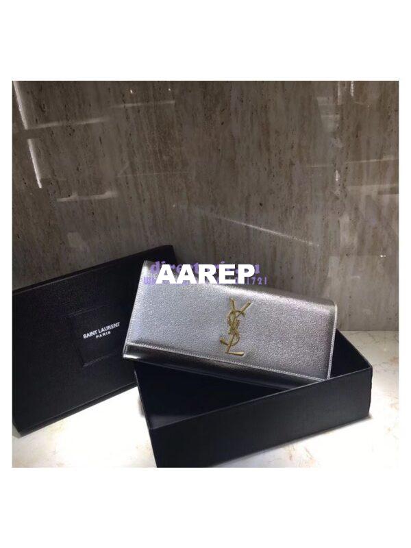 Replica YSL Saint Laurent Classic Monogram Clutch In Grain Metallic Leather Silver 3