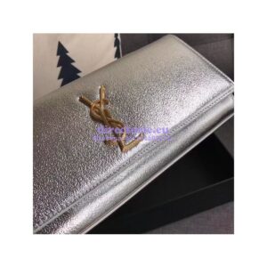 Replica YSL Saint Laurent Classic Monogram Clutch In Grain Metallic Leather Silver 2