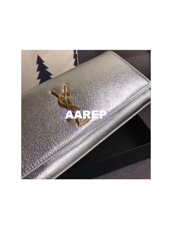Replica YSL Saint Laurent Classic Monogram Clutch In Grain Metallic Leather Silver 4