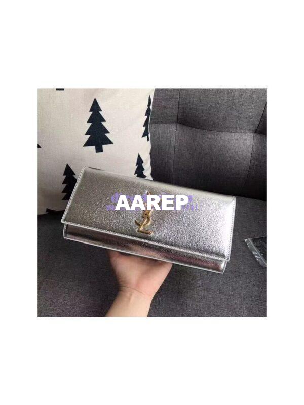 Replica YSL Saint Laurent Classic Monogram Clutch In Grain Metallic Leather Silver 9