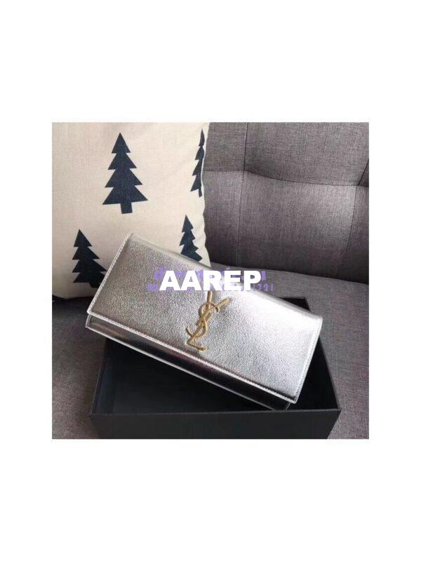 Replica YSL Saint Laurent Classic Monogram Clutch In Grain Metallic Leather Silver 11
