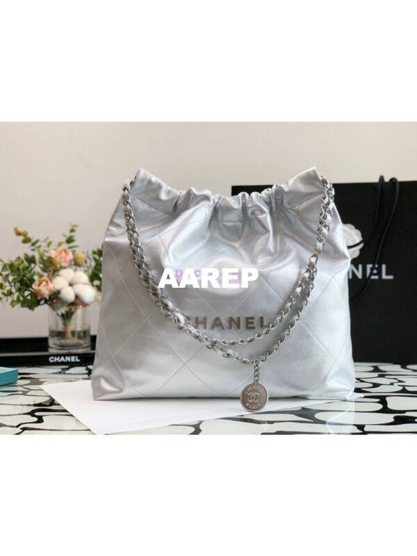 Replica Chanel 22 Handbag Shiny Metallic Calfskin & Silver Metal AS3260 AS3261 Silver 9