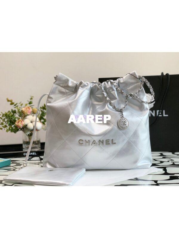 Replica Chanel 22 Handbag Shiny Metallic Calfskin & Silver Metal AS3260 AS3261 Silver 10
