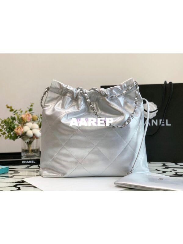 Replica Chanel 22 Handbag Shiny Metallic Calfskin & Silver Metal AS3260 AS3261 Silver 15