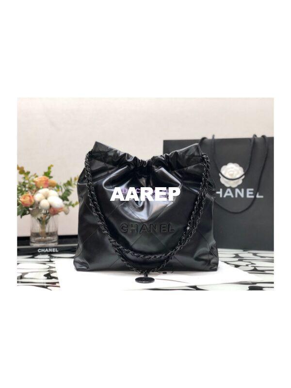 Replica Chanel 22 Handbag Shiny Calfskin & Black Metal AS3260 AS3261 All Black