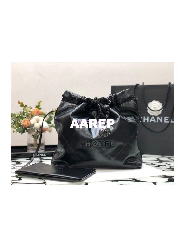 Replica Chanel 22 Handbag Shiny Calfskin & Black Metal AS3260 AS3261 All Black 2