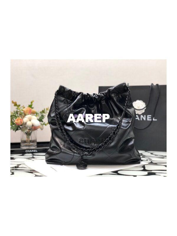 Replica Chanel 22 Handbag Shiny Calfskin & Black Metal AS3260 AS3261 All Black 10