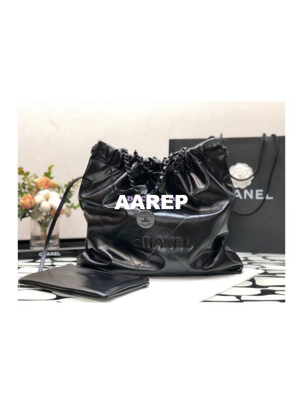 Replica Chanel 22 Handbag Shiny Calfskin & Black Metal AS3260 AS3261 All Black 11